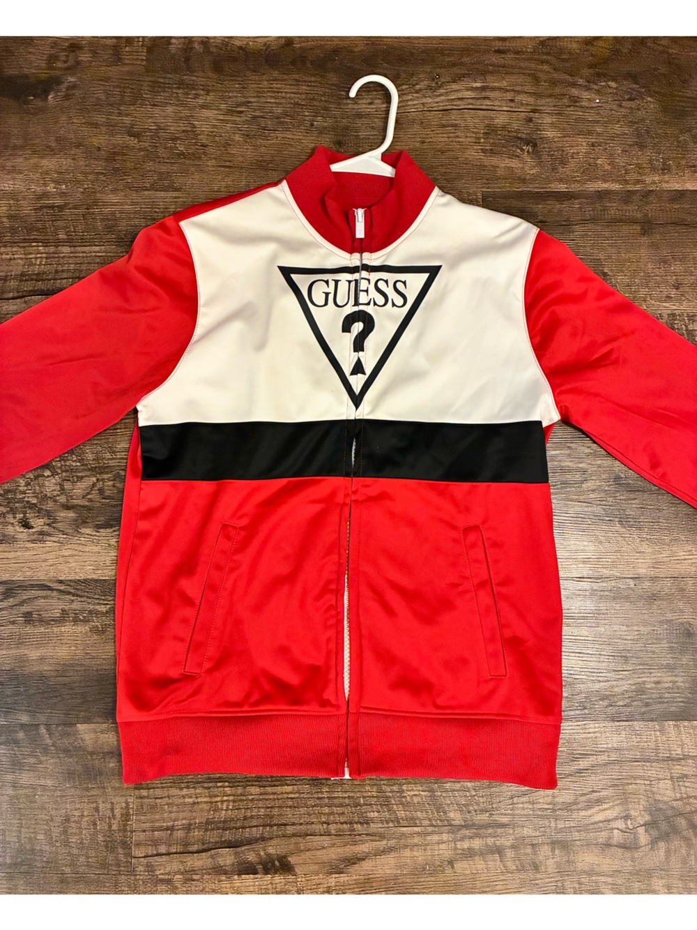 GUESS mens Red, White & Black Colorblock Zip-Up Jacket